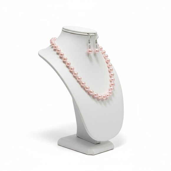 Hand Crafted Pink And White Glass faux Pearl Necklace Earring Set - Picture 2 of 2